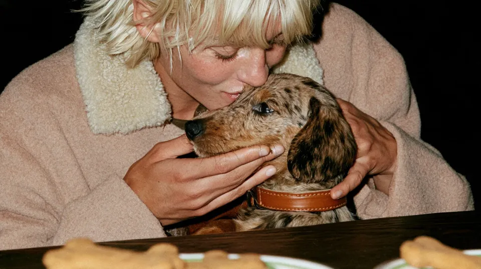 Frau hält einen kleinen Hund liebevoll im Arm